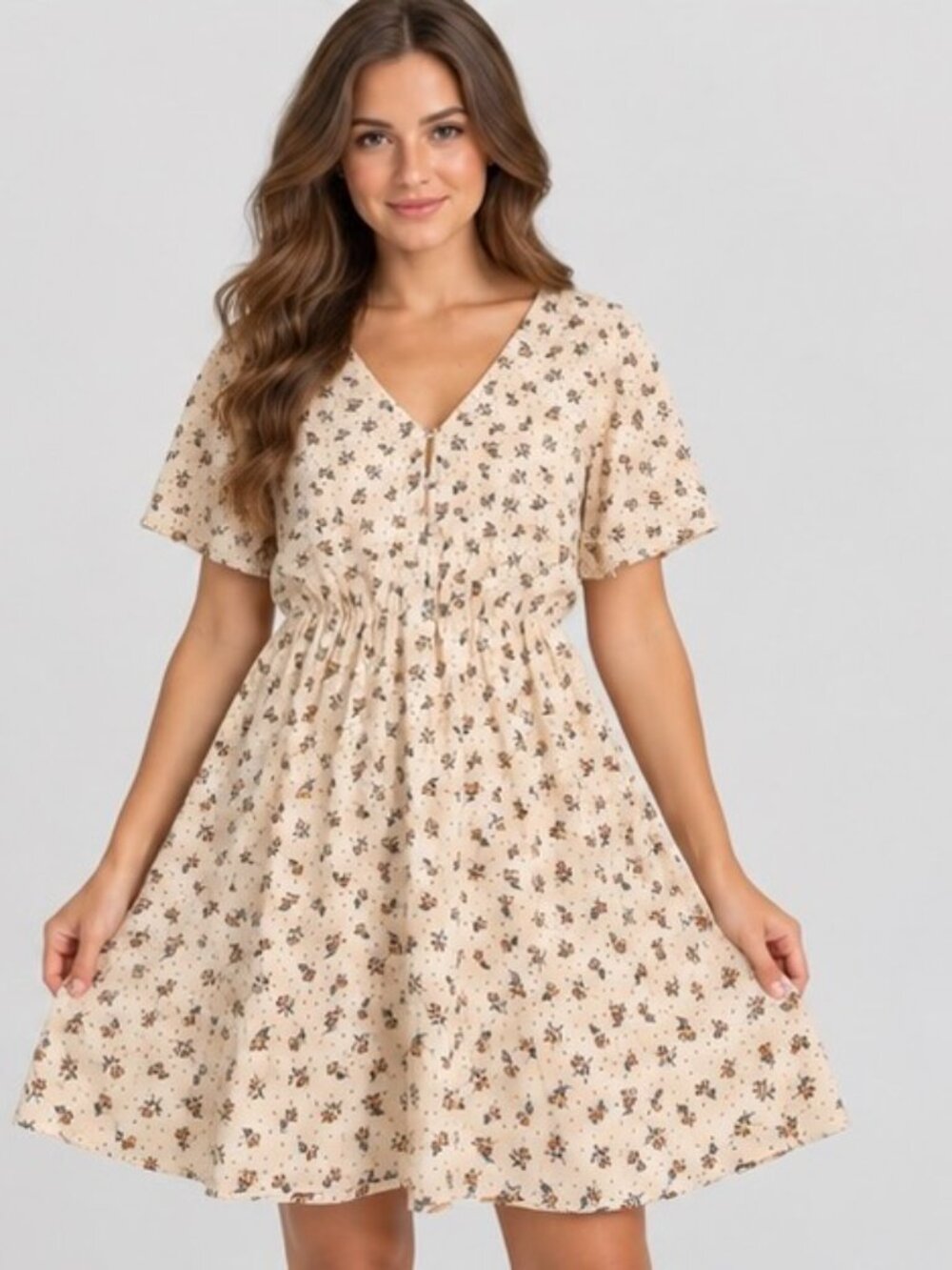 Sienna Sky Women's Small Floral Midi Dress Cream Navy Orange Short Sleeve